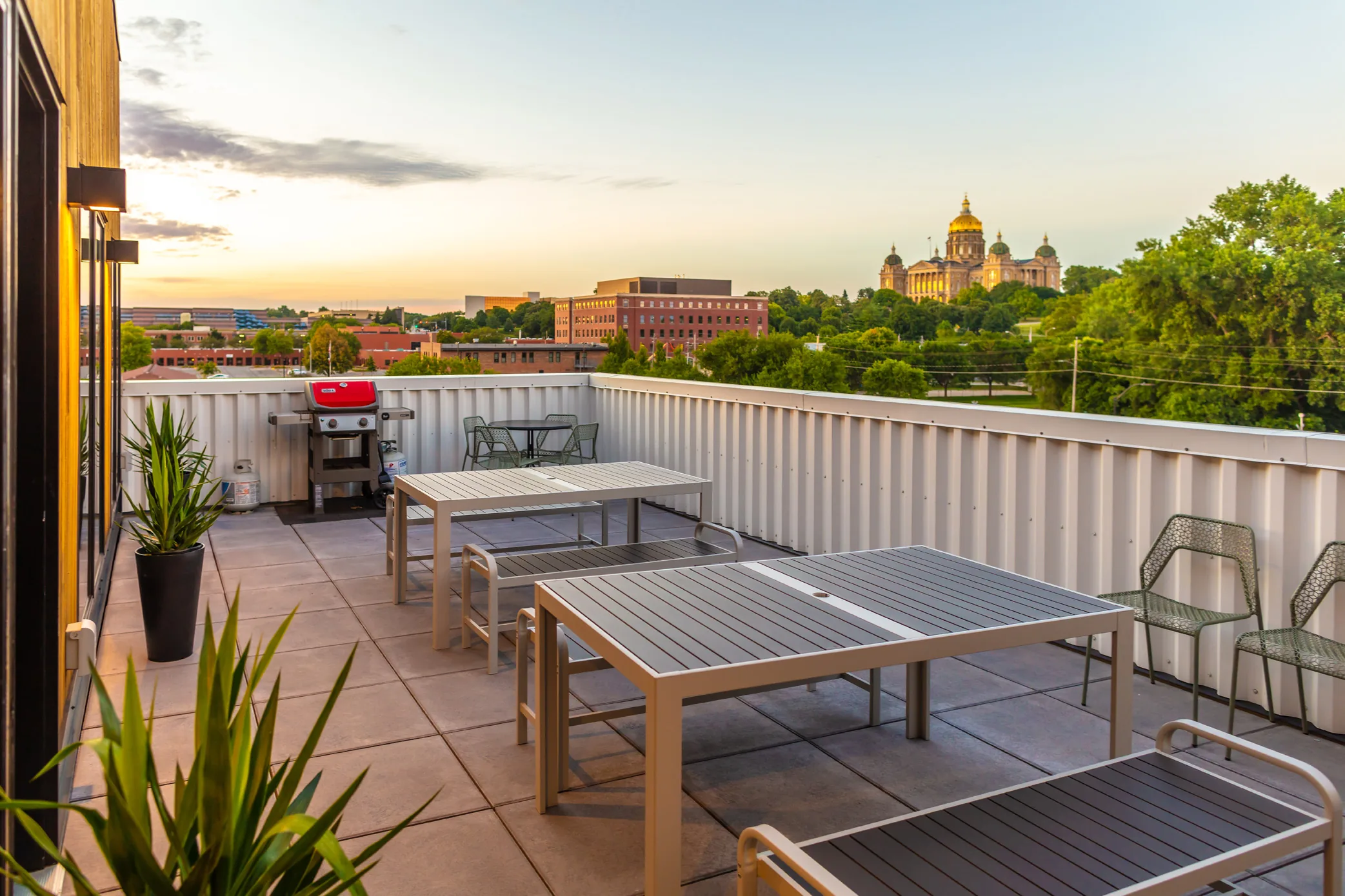 Rooftop dining area at sunset
