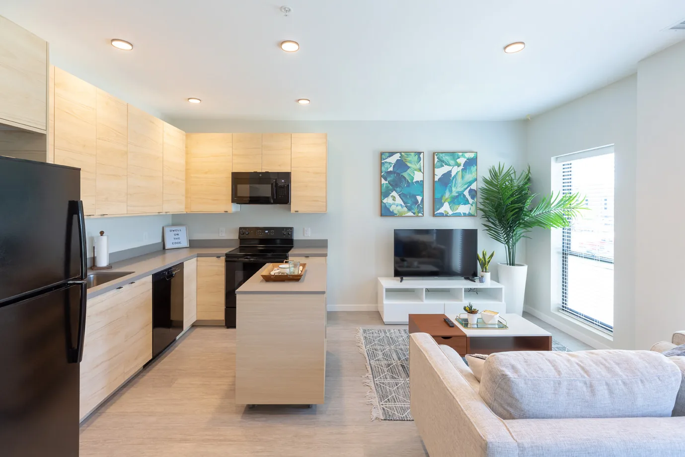 Open kitchen and living room in a Rowat apartment